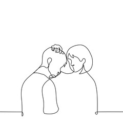 woman stroking the head of a man with his head down - one line art vector. concept to comfort, console, caress