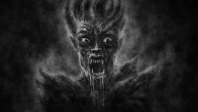 Scary demon vampire screams furiously. 2D animation in horror fantasy genre. Evil monster character. Animated short video art. VJ loops and music clip. Gloomy nightmares. Black and white background.