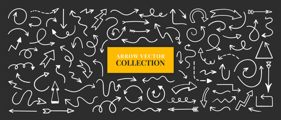 Hand drawn grunge arrow vector icon set in brush stroke style on black background for social media or web design. Doodle art for business. Mouse pointer, navigation or cyberspace decoration symbol.