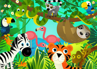 cartoon scene with jungle and animals being together with tiger illustration for children