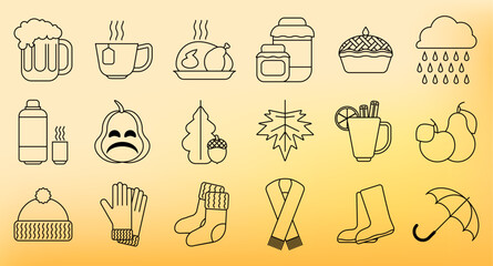 Autumn elements. Set of icons in trendy style. Outline icons set. The set includes icons such as pie, umbrella, cup of tea, pumpkin, acorn, apple and pear, leaves, rain, jam, honey, autumn clothes and
