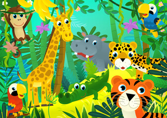 Obraz na płótnie Canvas cartoon scene with jungle and animals being together with tiger illustration for children