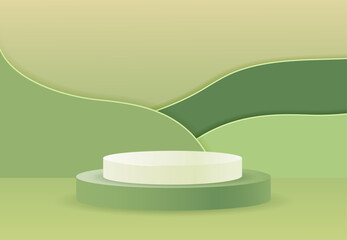 Vector white and green cylinder podiums on green nature mountains landscape.Product banner, podium platform with geometric shapes and nature background. Paper cut out