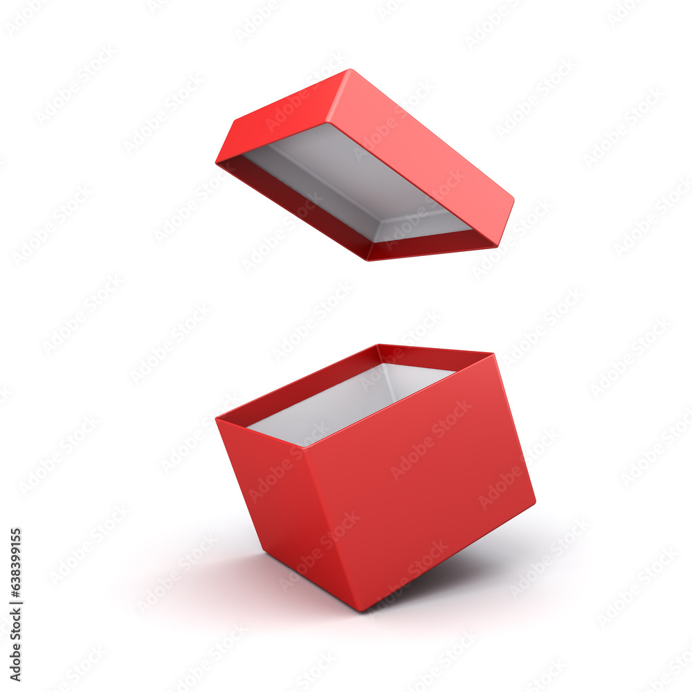 Poster blank open red cardboard box or red present box isolated on white background with shadow minimal con
