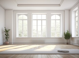 White empty room with big windows and wooden floor. Loft interior mock up. Home or office blank space. high quality image.