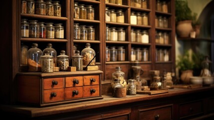 Herbal apothecary aesthetic concept. Natural dried plants herbs, spices, flowers ingredients in vintage inspired pharmacy. Organic alternative medicine. AI illustration.. - obrazy, fototapety, plakaty
