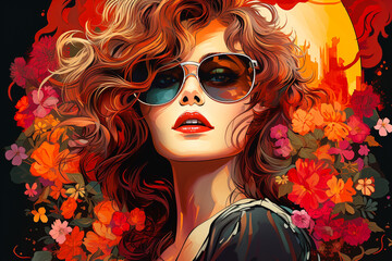  Nostalgic floral compositions from the 1970s with woman and man. AI generativ.