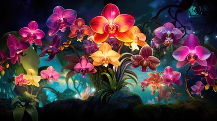 Fototapeta na wymiar Cosmic orchid flowers background. Abstract glowing galaxy blooming orchids in space. Fantasy, science fiction style. AI Illustration..