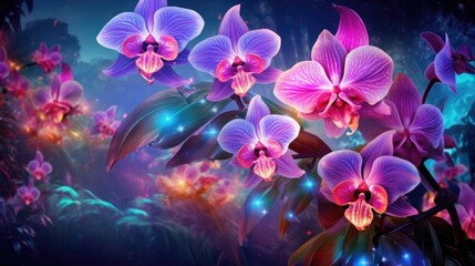 Cosmic orchid flowers background. Abstract glowing galaxy blooming orchids in space. Fantasy, science fiction style. AI Illustration..
