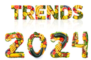 Fototapeta premium New year 2024 food trends. New year 2024 made of fruits and vegetables, fish. Healthy food. 2024 resolutions, trends, healthy eating, sustainable, goals concept, organic concept
