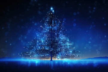 Christmas tree illustration with blue neural connect dots lines. Generative Ai.
