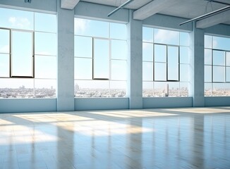 White empty room with big windows and wooden floor. Loft interior mock up. Home or office blank space. high quality image.