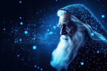 Realistic Santa Claus with blue neural connect dots lines. Generative Ai.