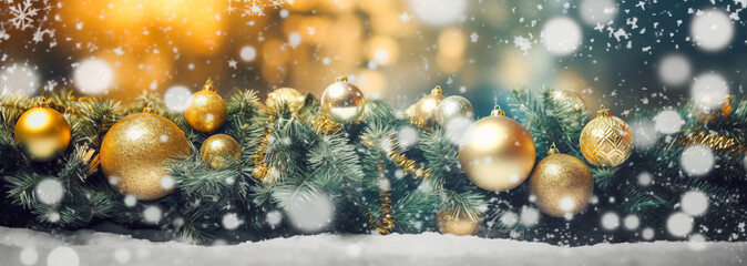 Christmas New Years greeting banner card green fir tree branches golden ornament balls snowflakes in snow glittering garland lights. Template with copy space. Ai generated