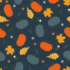 Seamless pattern with pumpkins, leaves, acorn and flowers. Vector illustration.