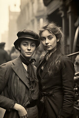 Old black and white street photographs from the Victorian era. AI generative.