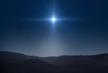 Star of Bethlehem, or Christmas Star. Bright star in the dark blue night sky - obrazy, fototapety, plakaty