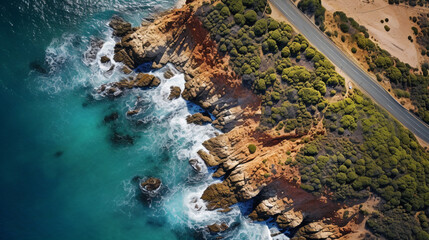 Fototapeta premium Top down aerial view of a Ocean Road in the summer time
