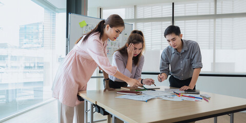 Brainstorm planing creative asian teamwork, Group of asia mobile phone app developer team meeting for share idea about screen prototype layout for smartphone, ui, ux startup small business