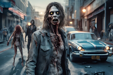 Obraz premium Zombie horde. Zombie apocalypse scene. Generative Ai
