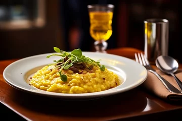 Tuinposter A plate of Risotto Milanese, its saffron-infused grains glistening under ambient light, set against the backdrop of a stylish café. © Kristian