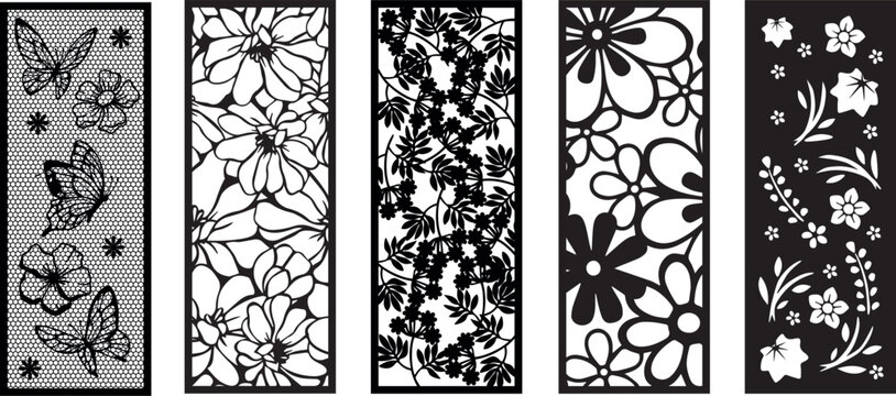 Set of laser cut panel with floral pattern.Borders, fence, screen cut templates