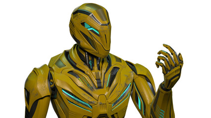 Detailed futuristic robot or alien cyborg looking at his hand. Upper body isolated on transparent background. 3D rendering