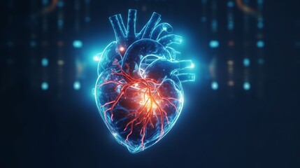 Human heart, Polygonal technology heart, background. Low poly blue, health concept, Generative ai