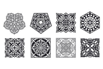 Islamic ornament vector, persian motiff. 3d ramadan islamic round pattern elements. Geometric logo template set. Circular ornamental arabic symbols. National pattern of the Kazakhs, Kyrgyz, Mongols.