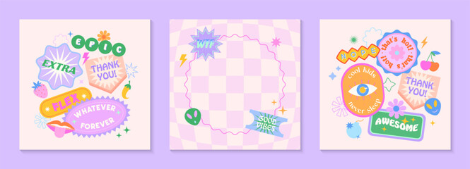 Vector templates with patches and stickers in 90s style.Modern emblems in y2k aesthetic with chess background.Trendy funky designs for banners,social media marketing,branding,packaging,covers
