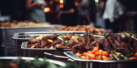 Group of people on catering buffet  food indoor in  restaurant generative AI