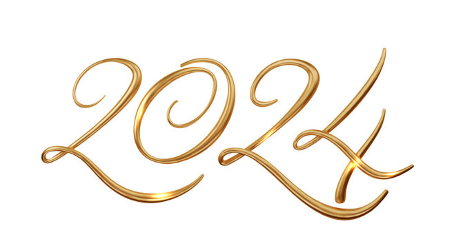 2024 gold fine calligraphic number on transparent background. PNG Realistic 2024 designs for Holiday cards and backgrounds for the new year or other important dates.