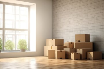 Belongings and things delivered to a new apartment. Cardboard boxes with things on the floor of a large empty room flooded with light.