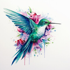 Obraz premium Beautiful hummingbird with flowers. watercolor painting. vector illustration. Hummingbird with floral ornament on a white background. vector illustration.