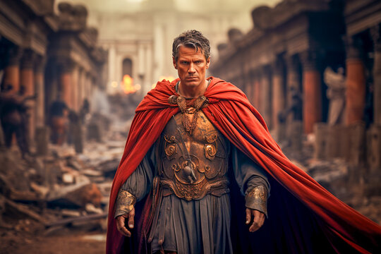 Gladiator warrior A man in a red cape, amidst the ruins of a building