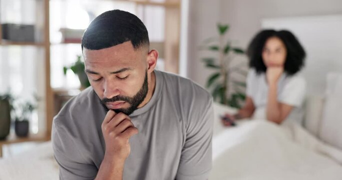 Divorce, conflict and couple in a bed fight, anxiety or stress, argue or problem at home. Marriage, criss and man with commitment doubt, fear or erectile dysfunction in bedroom ignore cheating wife