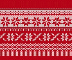 Fair isle traditional ornament. Christmas red knitted texture. Xmas print with snowflakes ornament border. Knit seamless pattern. Holiday background. Festive sweater. Vector illustration.