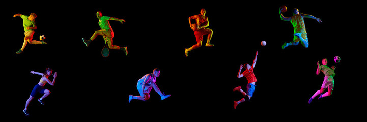 Collage. Sportive people, men and women, runner, football, tennis, basketball, volleyball players...