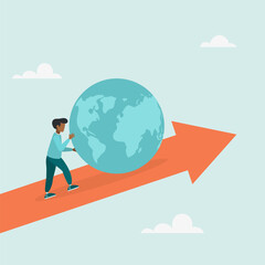 Obraz premium Businessman pushes the world up on the chart. Business concept. Vector flat style illustration. 