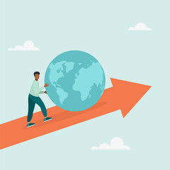 Obraz premium Businessman pushes the world up on the chart. Business concept. Vector flat style illustration. 