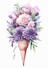 Watercolor bouquet of flowers in ice cream waffle cone.