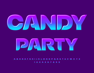Obraz premium Vector modern invitation Candy Party. Colorful Glossy Font. Stylish Alphabet Letters and Numbers set