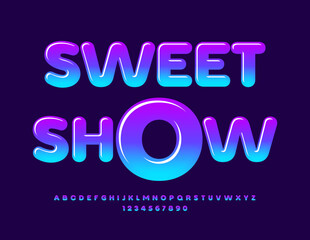 Vector artistic logo Sweet Show. Creative Glossy Font. Modern Alphabet Letters and Numbers set.