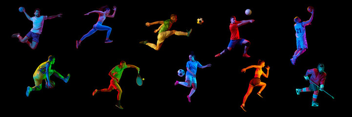 Fototapeta na wymiar Collage. Sportive people, men, women, runner, football, tennis, basketball, hockey, volleyball players isolated on black background. Professional sport, game and competition concept. Banner and poster