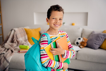 Photo portrait of diligent schoolboy bring materials copybooks planner wear blue backpack knowledge day isolated on living room background