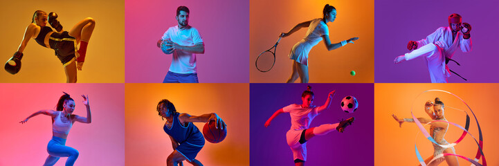 Collage. Sportive young people, men and women training, playing against multicolored background in...