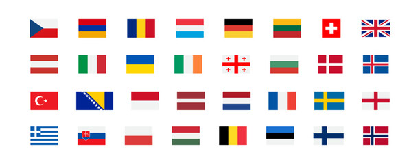 European flags icon. Europe countries set signs. Nation symbol. Banner of France, Germany, Austria, and other symbols. Square form icons. Vector isolated sign. - obrazy, fototapety, plakaty