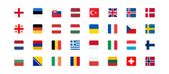 Fototapeta European flags icon. Europe countries set signs. Nation symbol. Banner of France, Germany, Austria, and other symbols. Square form icons. Vector isolated sign. obraz