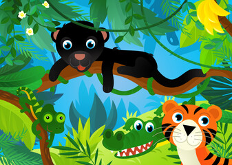 cartoon scene with jungle and animals being together with tiger illustration for children