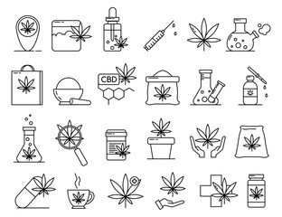 Naklejka premium Medical marijuana. Cannabis related line icon set. Cannabidiol linear icons. Marijuanas outline vector signs and symbols. Vector illustration EPS10